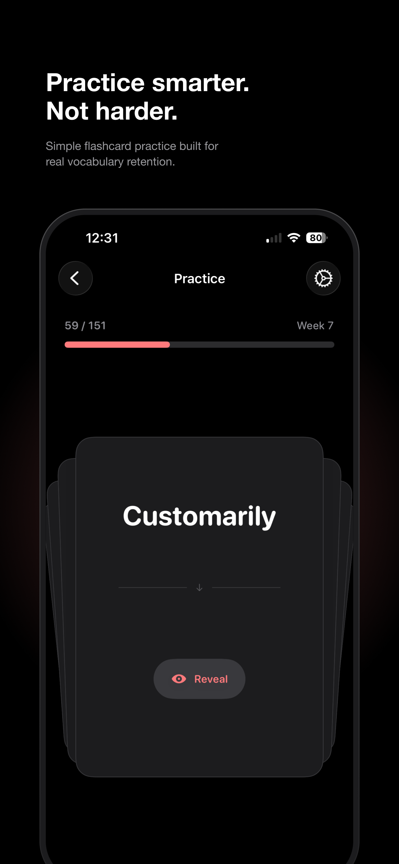 Practice screen showing a stack of flashcards with a Reveal button