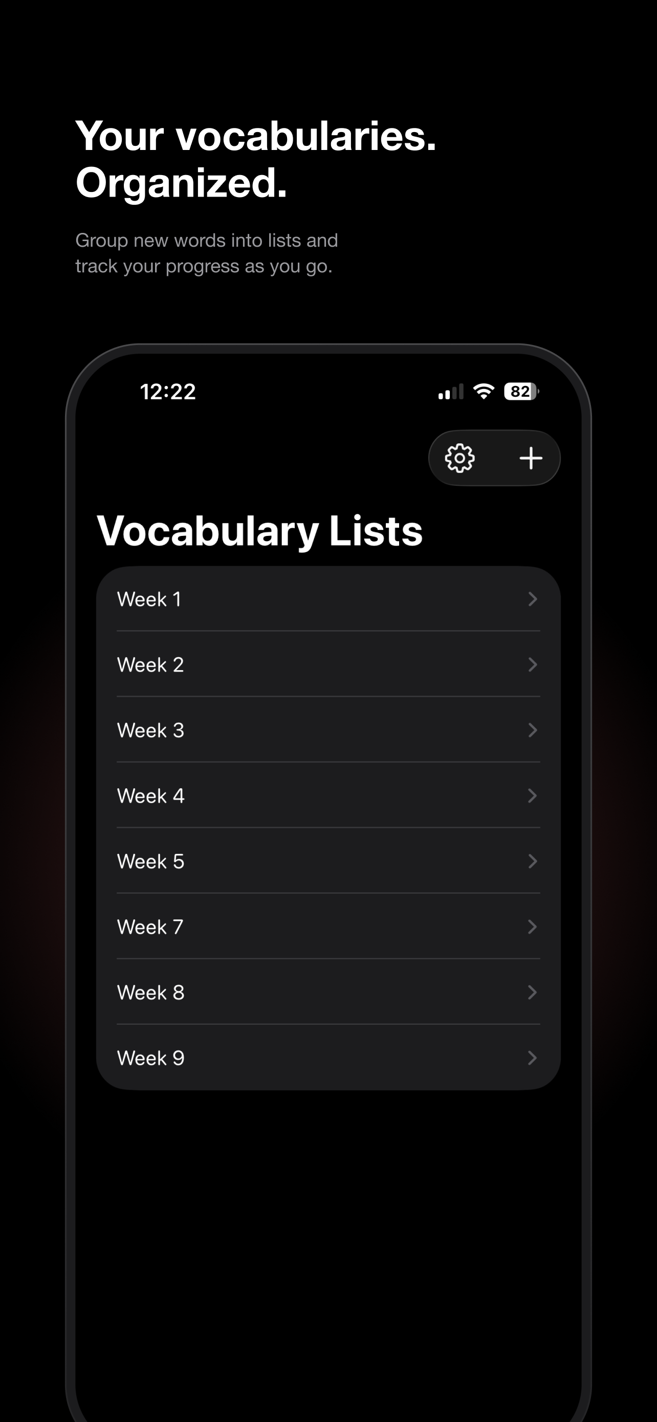 Vocabulary Lists screen organized by week